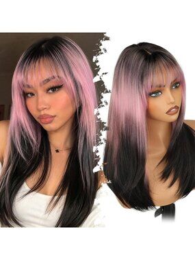 Women's Ombre Pink Black Synthetic Realistic Scalp Straight Face Layers Wigs
